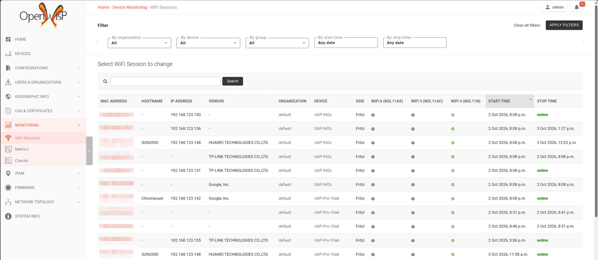 Lista de sesiuni WiFi din OpenWISP, cu coloanele de hostname, adresă IP și producător completate pentru clienții de pe UAP-942c și UAP-Pro-10a6